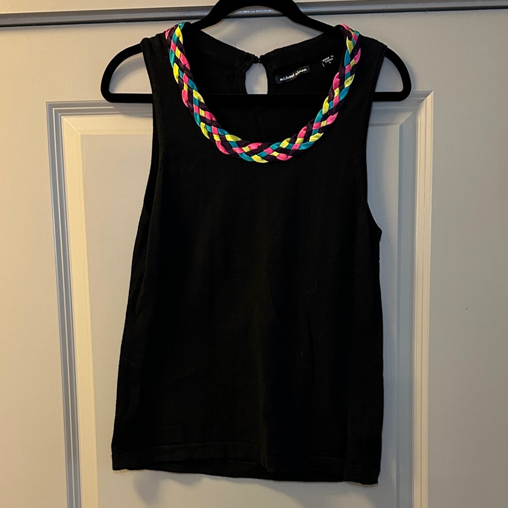 Michael Simon Black Tank Top with Colorful Braided Neckline